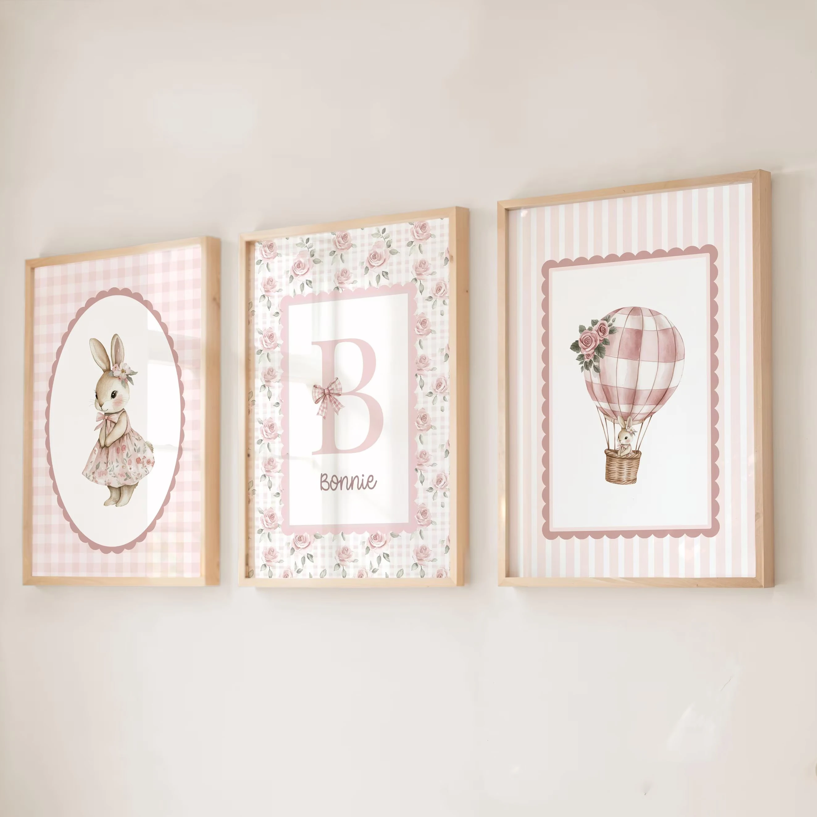 3pcs/set Custom Cartoon Rabbit Name Canvas Print Easter Pink Flower Nursery Wall Art Poster for Baby Girl Room Home Decor