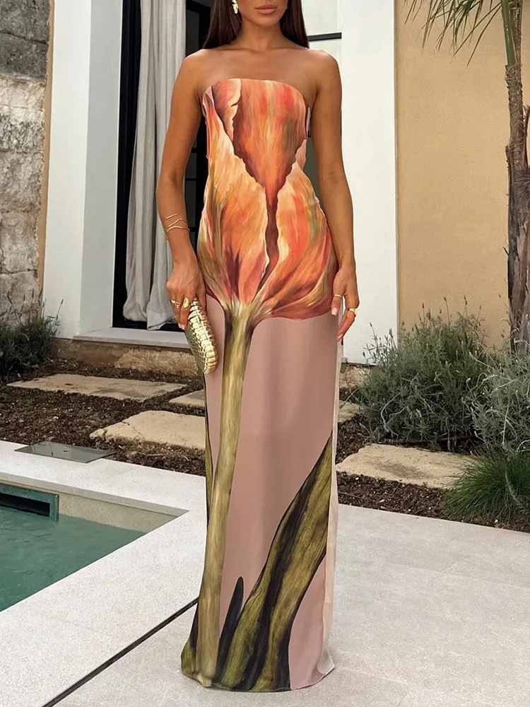 Elegant Printing Beach Women Summer Maxi Dress Strapless Off Shoulder Female Party Backless Dress Patchwork Slim Holiday Dress