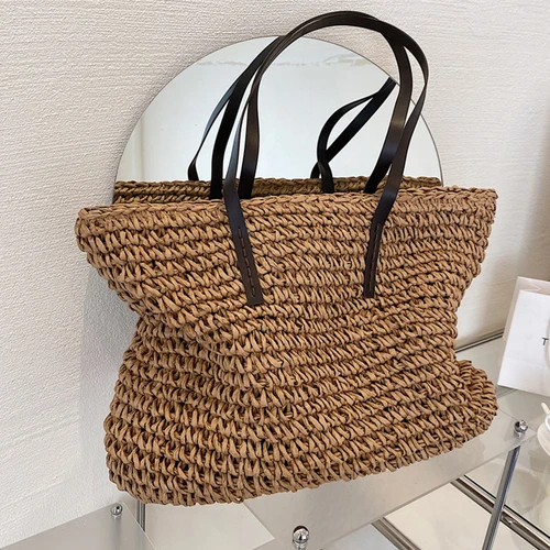 Bolso de mano para mujer, bolso de playa de verano, tejido de mimbre hecho a mano, paja tejida, bolsos de gran capacidad, bolso de hombro de cuero para mujer, bohemio nuevo