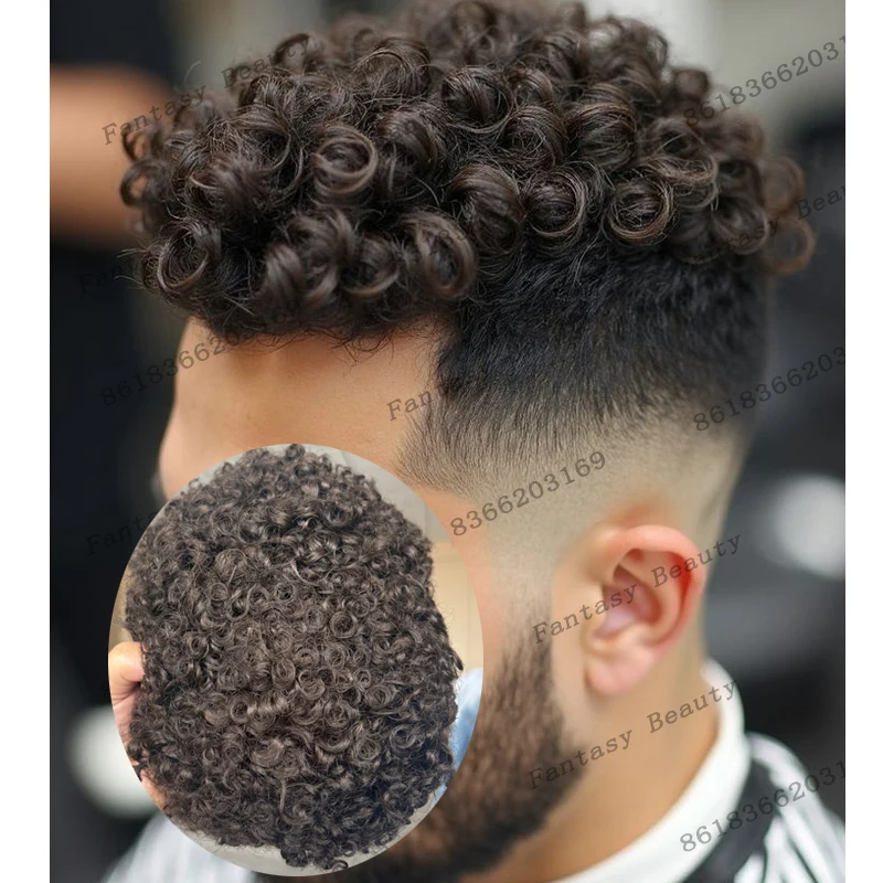 

Durable 15mm Curly Human Hair System Prosthesis Undetectable Natural Hairline Easy Wear Men Toupee Cheap Mono Base Men Toupee