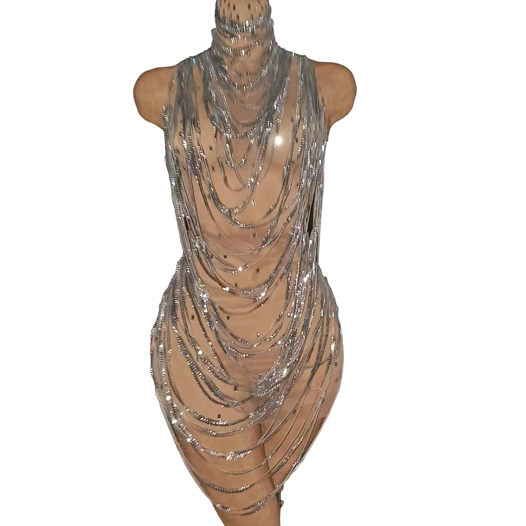 

Xiansuo Womens Sexy Silver Chain Fringe Mini Dress High Neck Sleeveless Sheer Mesh Bodycon Party Club Night Out Stage Wear