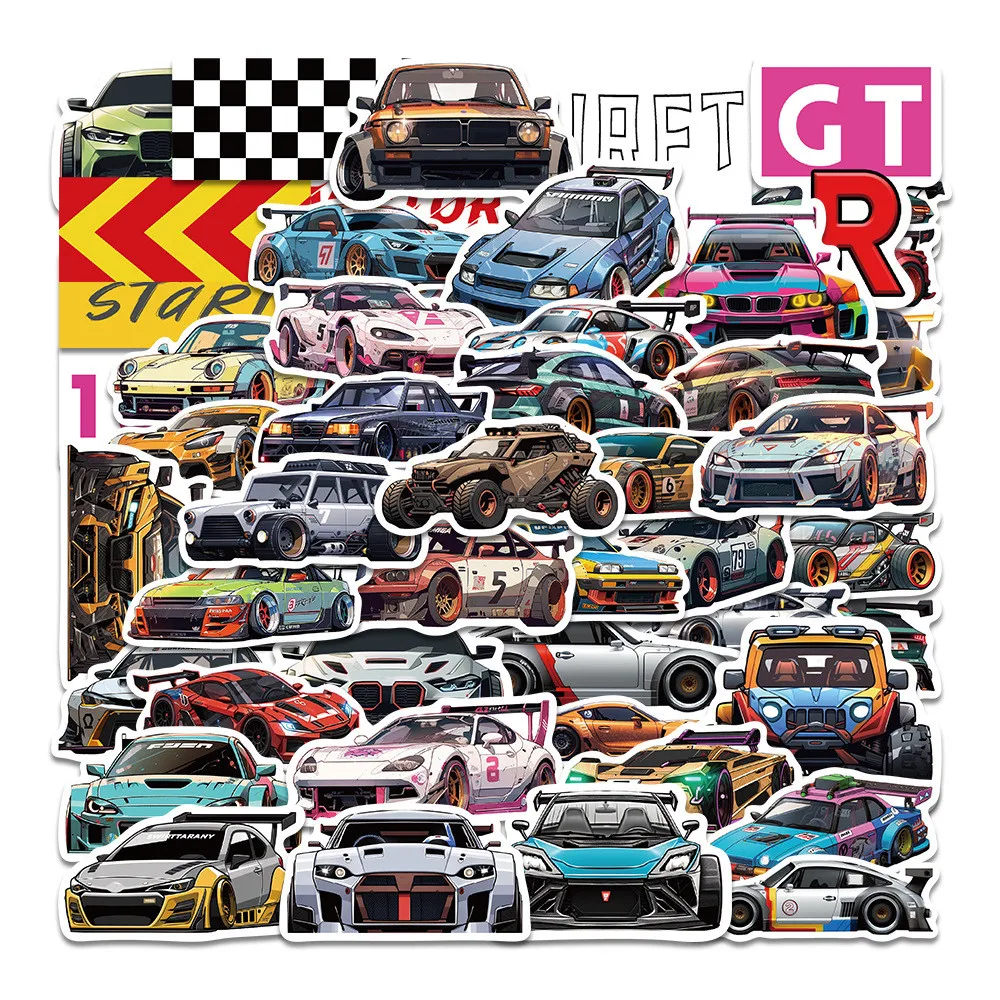 50 Pcs Artistic Sports Car Stickers - Cartoon Racing Car Unique Creative Decor Decals for Motorcycle, Car, Phone, Water Bottle