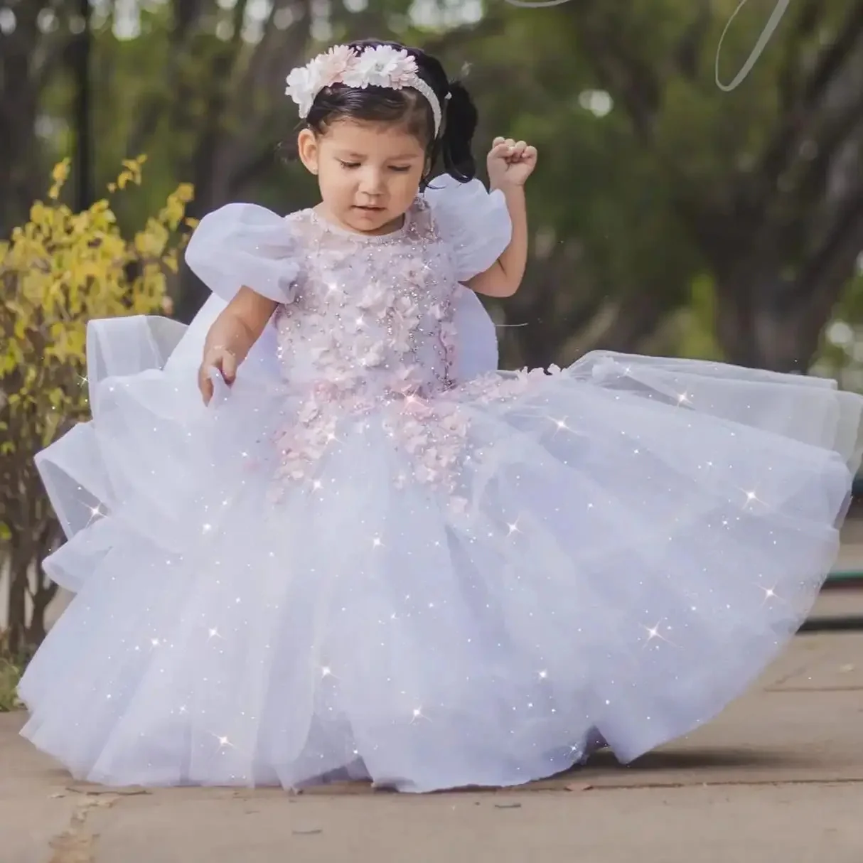Customized Lavender Flower Girl Dress with Glitter Pearls3D Floral AppliquesBall Gown for Toddler Wedding Birthday Party Banquet