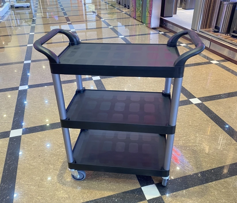 3-Layer Rolling Restaurant Service Cart Thickened Plastic Cleaning Trolley With Aluminum Pipe Utility Cart
