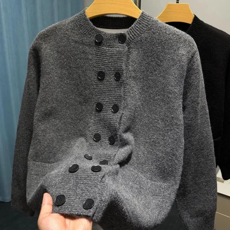 

Men's Double Breasted Versatile Knit Cardigan Autumn Winter New Style Trendy Sweater Lazy Retro Crew Neck Loose Casual Outerwear