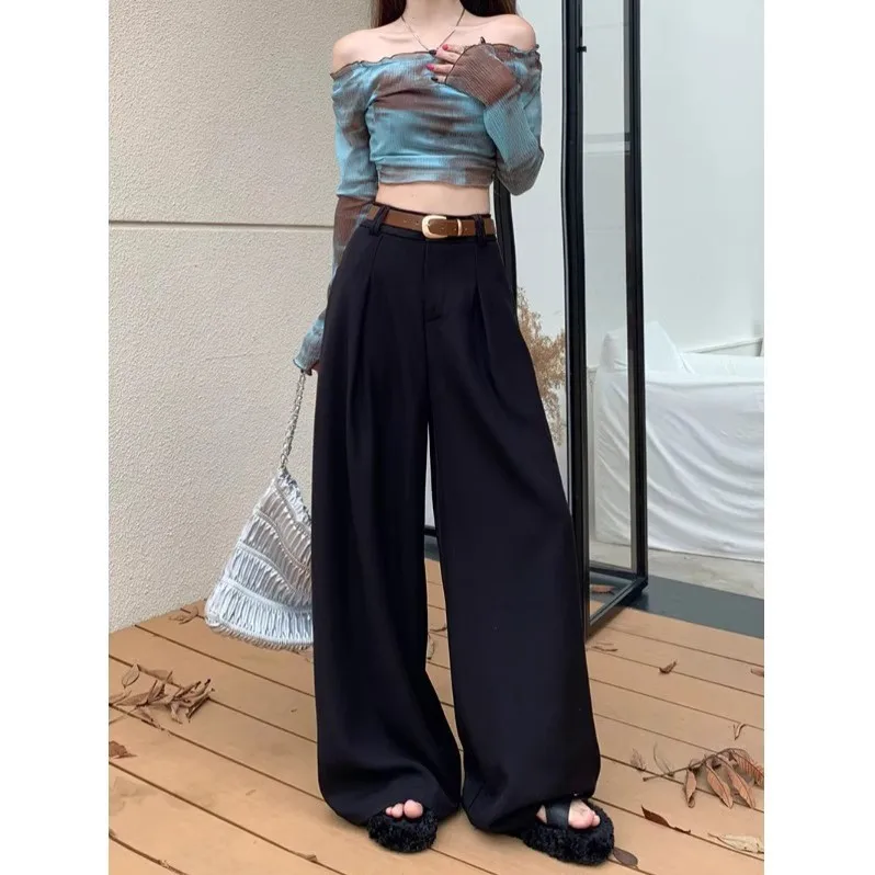 Black wide-leg pants women's new spring and summer 2025 black drape floor trousers