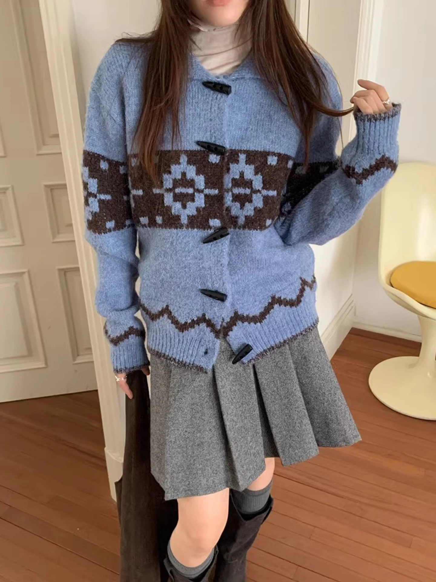 

Ele ретро-принт вязаный свитер пальто женский зимний новый Sle Color Blo мягкий длинный све круглый Ne повседневная мода