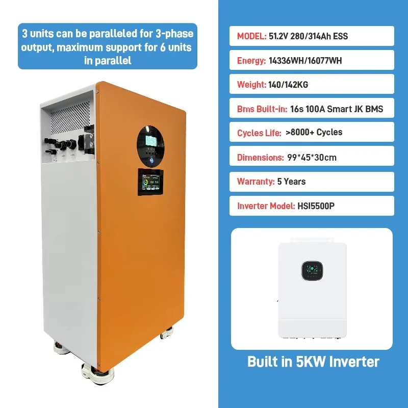 Tewaycell 51.2V 314Ah 16KWh +5KW Inverter+Active Balancer  All in One - JK BMS PV 500V off Grid Solar Energy Storage System