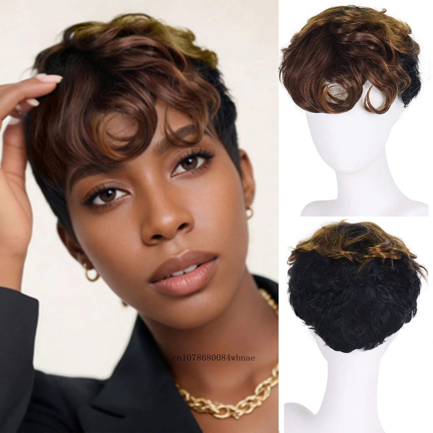 

Women's Pixie Cut Synthetic Wig with Bangs Short Curly Mix Brown Wigs for Women Heat Resistant Daily Party Costume Black Wigs