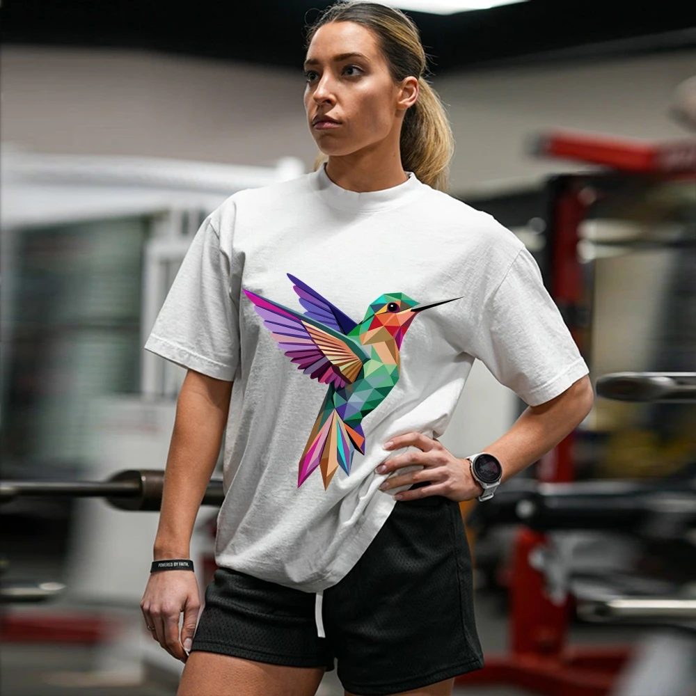 

Black Short Sleeve T Shirt For Men Hummingbird Geometric Pattern Design Fashion Streetwear Casual Loose Comfortable Cotton Shirt