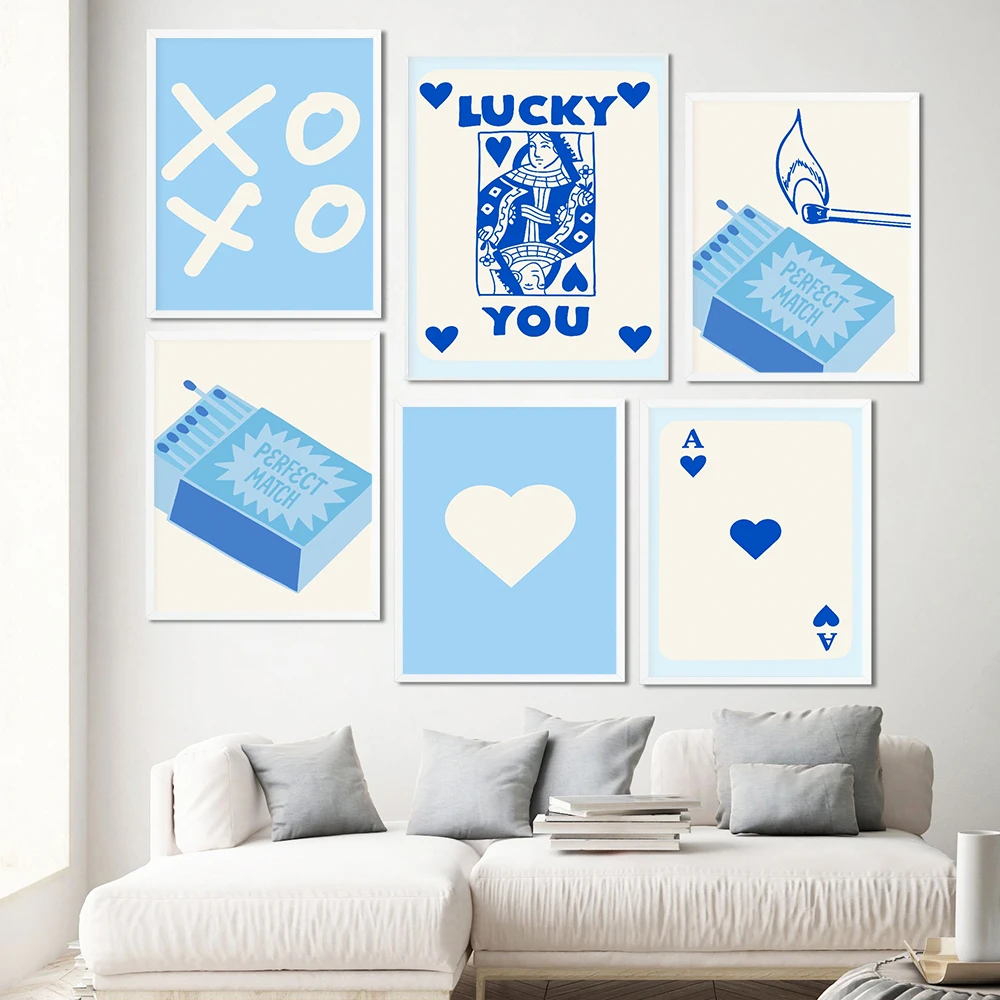 

Trendy Retro Wall Art Blue Aesthetic Print Lucky You Quotes Poster Wall Canvas Painting Funny Minimalist Living Room Home Decor