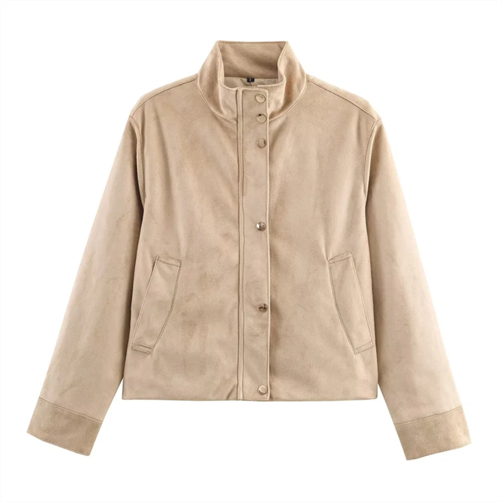 

s new women's fashion versatile jacket with faux suede effect stand up collar long sleeved jacket and short jacket