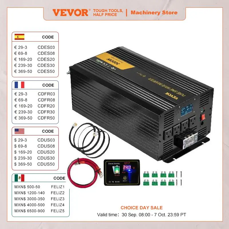 VEVOR Pure Sine Wave Inverter 3000 Watt / 3500 Watt / 2500 Watt Power Inverter, DC 24V to AC 120V Car Inverter