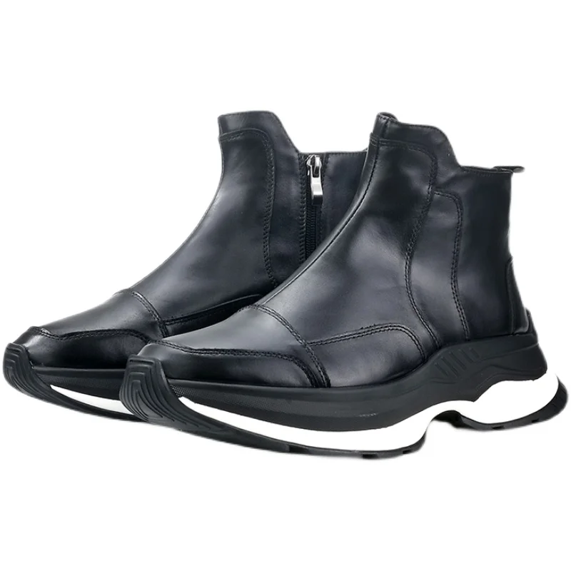 Black Cow Leather Side Zip Platform Ankle Boots Chunky Wedge Sole Height Increasing Street Fashion Men Ankle Sneakers