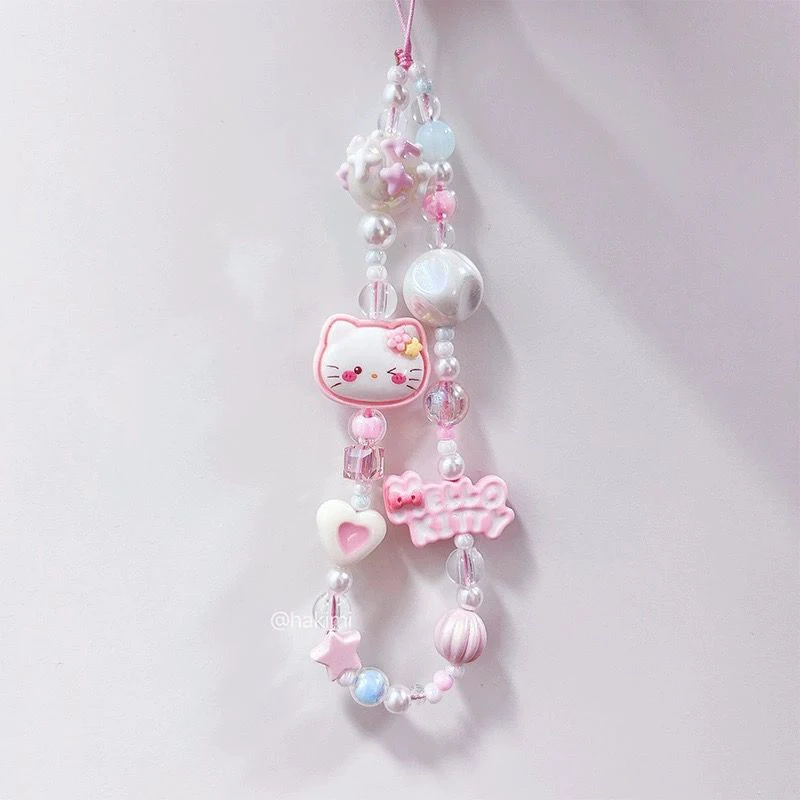 Kawaii Sanrio Hello Kitty Original Beaded Pink Hand-painted Cute Phone Chain CCD Anti-lost Camera Rope Lanyard Decoration