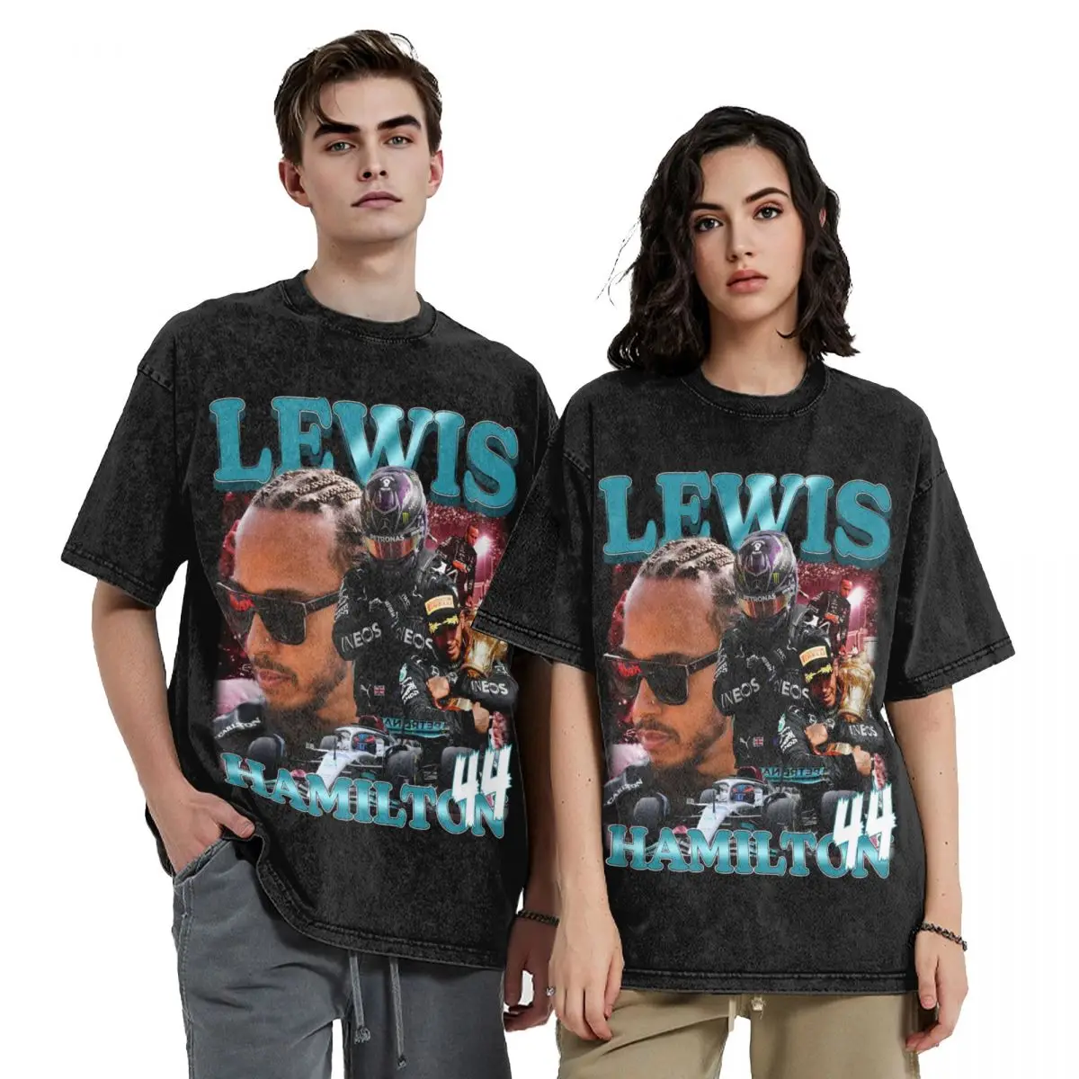 Lewis Hamilton 44 Outfit Washed T Shirts Streetwear Hip Hop Vintage T-Shirt F1 Racing Driver Tees Tops for Men Cotton Harajuku