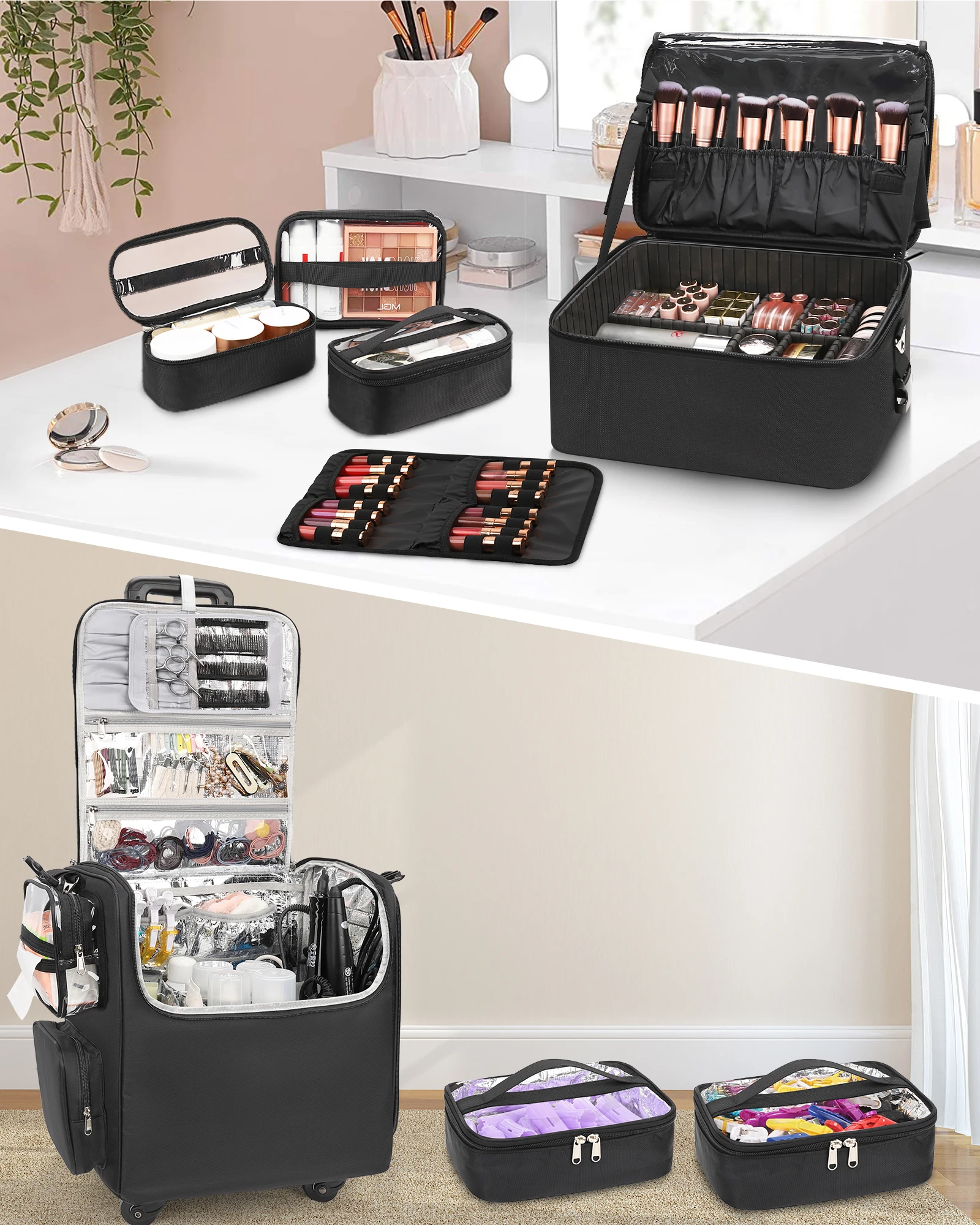 Hairstylist Travel Bag with 5 Small Transparent Bags Rolling Makeup Train Case with Large Makeup Trolley Case