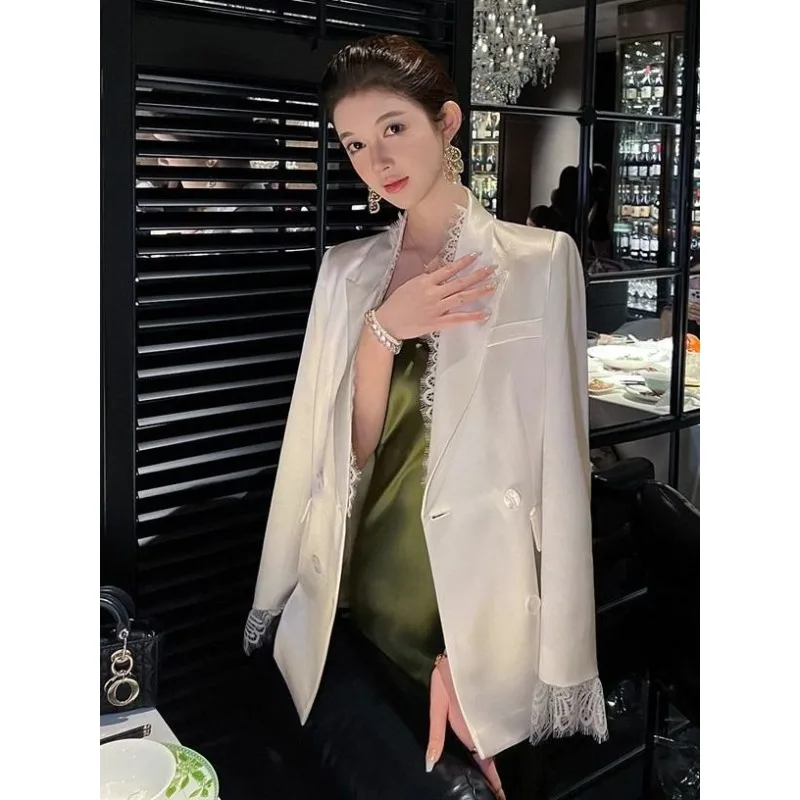 2026 ربيع جديد وصول تصميم الدانتيل الربط الشيفون السترة للنساء فضفاضة تناسب الأبيض المرأة السترة أعلى مزدوجة الصدر سترة #3