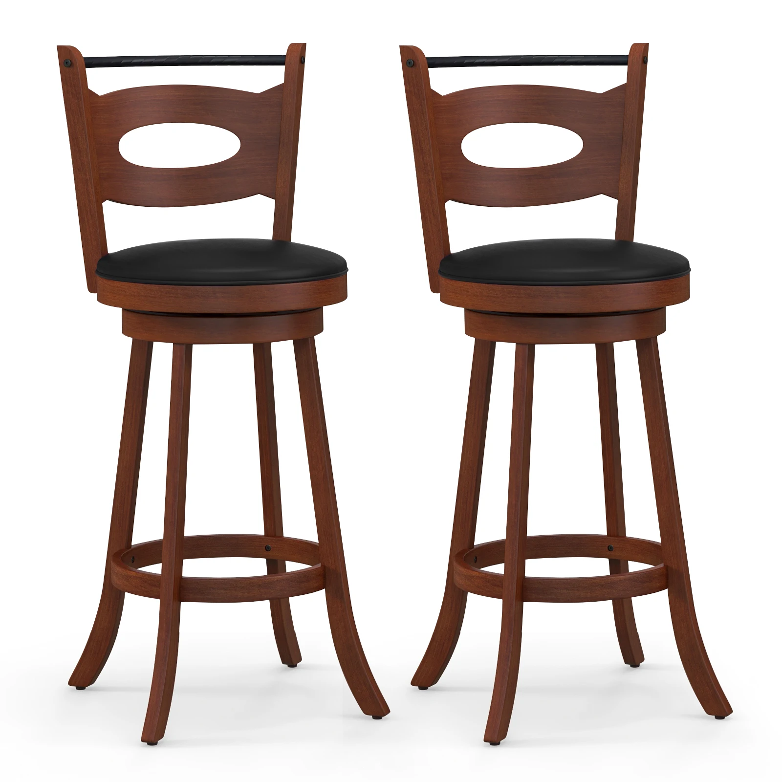 Set of 2 Bar Stools 360° Swivel Dining Chairs Solid Rubber Wood Leather Padded