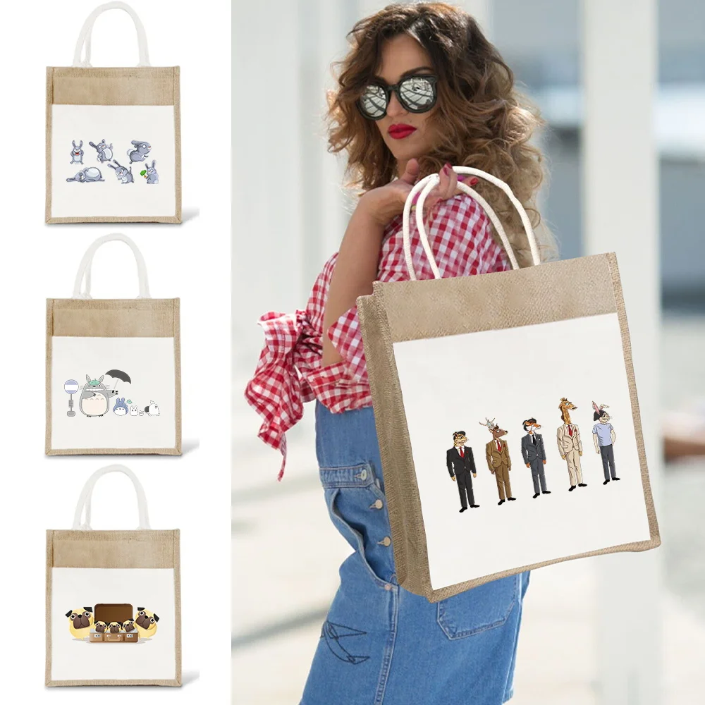 

Shopper Bag Vintage Tote Bags Portable Large Capacity Commuting Shoulder Bag Linen Handbag Cartoon Printing