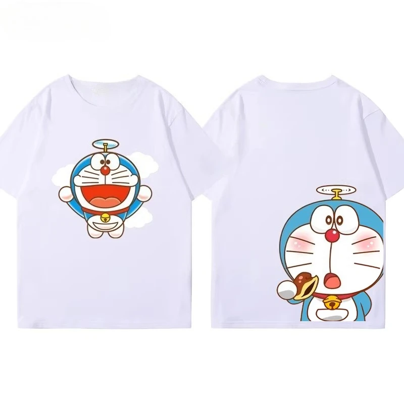 Potdemiel, novedad de verano, camiseta de algodón puro con estampado de Doraemon para niños, cómoda y transpirable, camiseta para niños y niñas