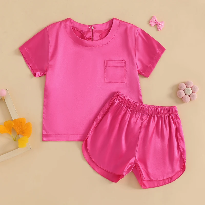 Conjunto de pijama de 2 piezas para niña, camisetas de manga corta con cuello redondo, pantalones cortos, ropa de dormir para niños pequeños