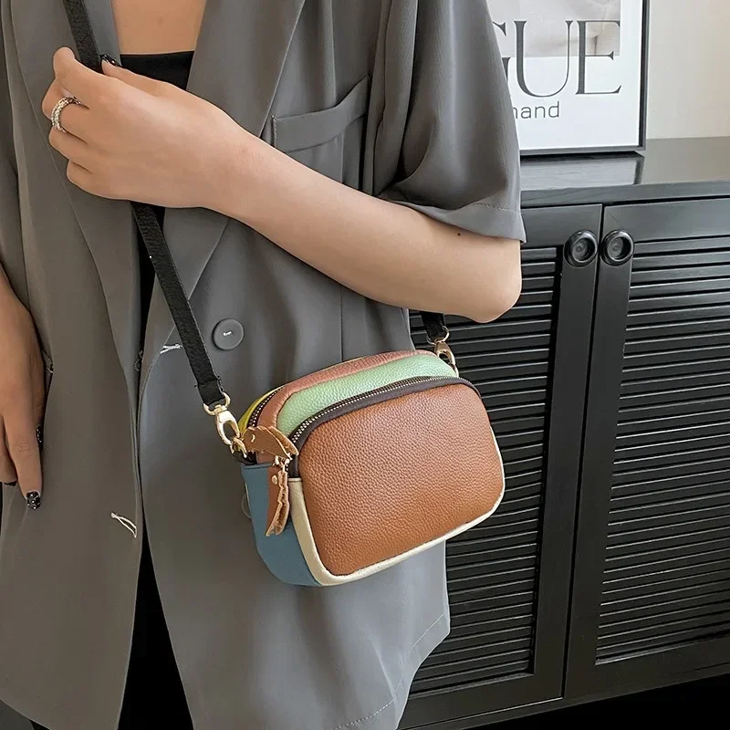 Luxury Genuine Leather Shoulder Bags for Women Retro Patchwork Crossbody Bags Multi-function Female Phone Bags Cowhide Handbags