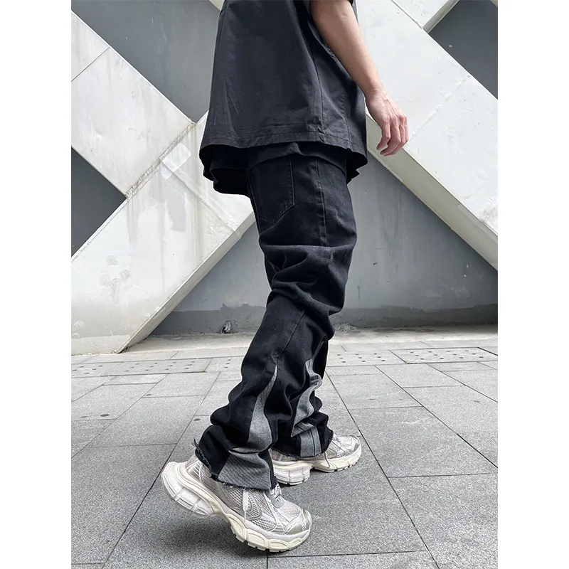 [BOMP] 2024 Autumn Men High Street American Color Blocked Fringed Micro Flared Jeans 2024 New Trendy Long Pants New Fashion