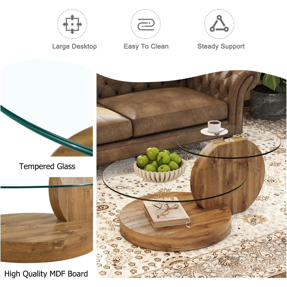 42 Inches Glass Coffee Table, Modern Round Tempered Glass Coffee Tables for Living Room, 3-Tier Circle Wood Coffee Table with St