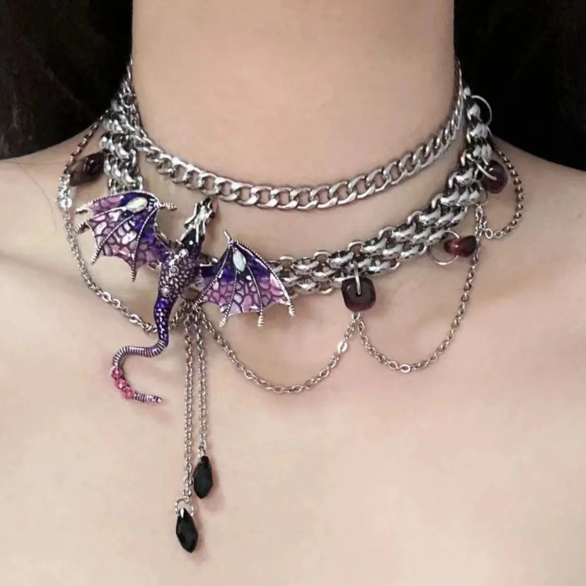 2024Hip hop heavy iron dragon zircon clavicle chain Spades heart choker clavicle chain