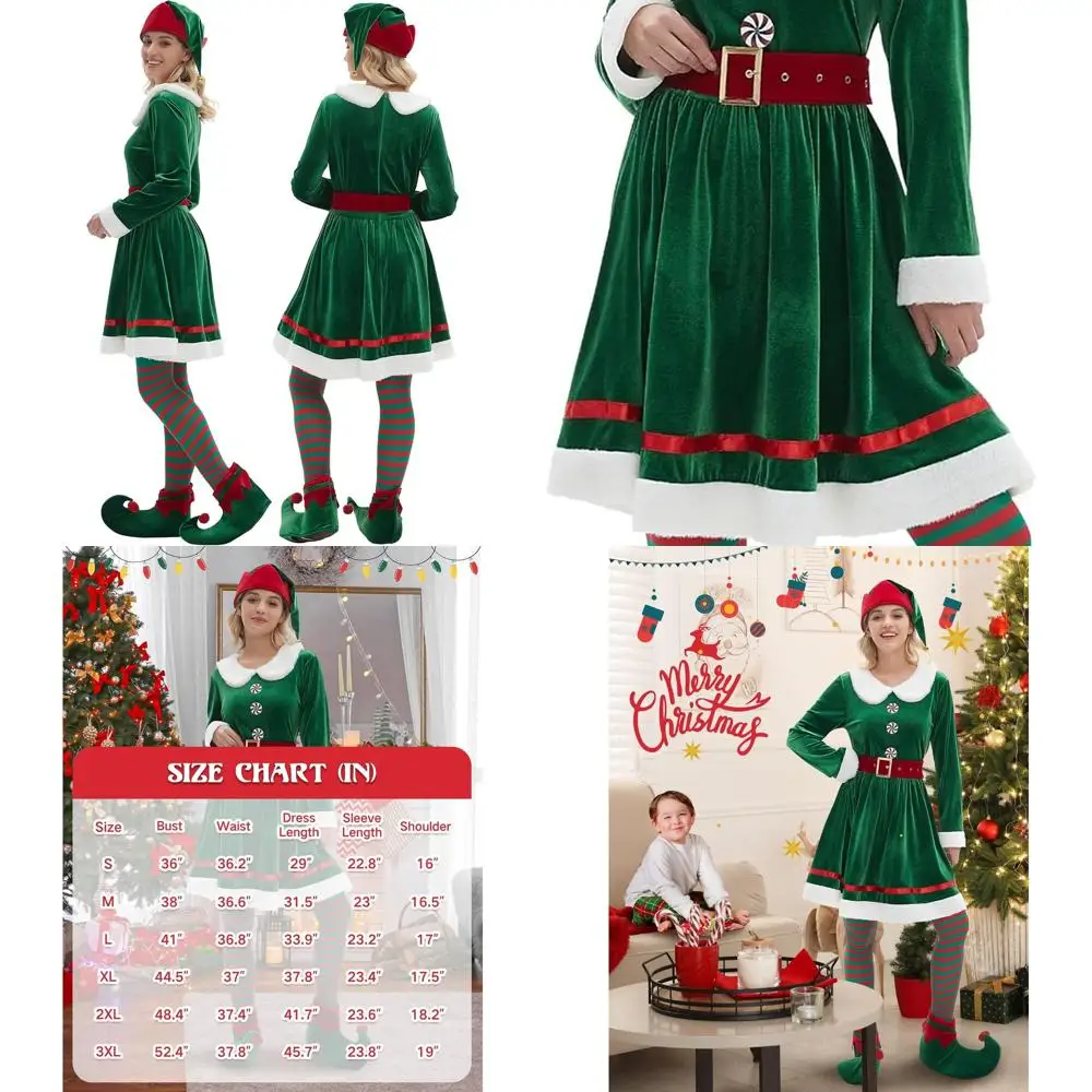 

Women's Plus Size Christmas Elf Costume Set: 5-Piece Adult Outfit with Hat, Shoes, Belt & Striped Socks