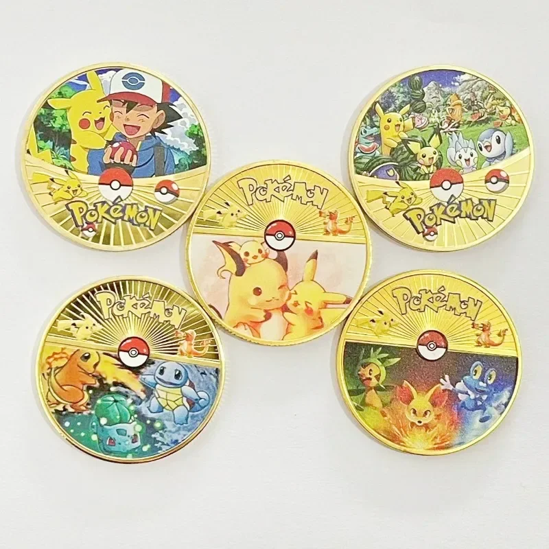 New Exquisite Pokemon Coin Collection Kawaii Pikachu Mewtwo Eevee Patterns Gold Plated Color 27 Patterns Anime Pokemont Gifts