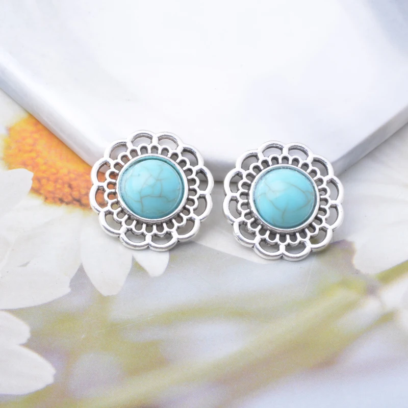 10pcs Antique Silver Flower Earrings Connector Metal Alloy Imitation turquoise stone Pendant Base  Jewelry Connector