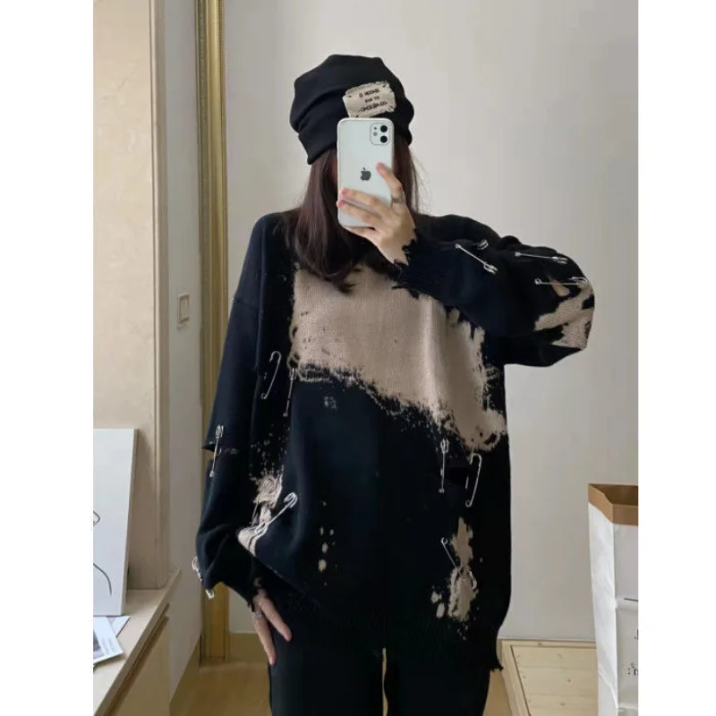 Deeptown Grunge Y2k Black Ripped Sweater Women Vintage Distressed Knitted Jumper Gothic Oversized Knitwear Korean Fashion Autumn