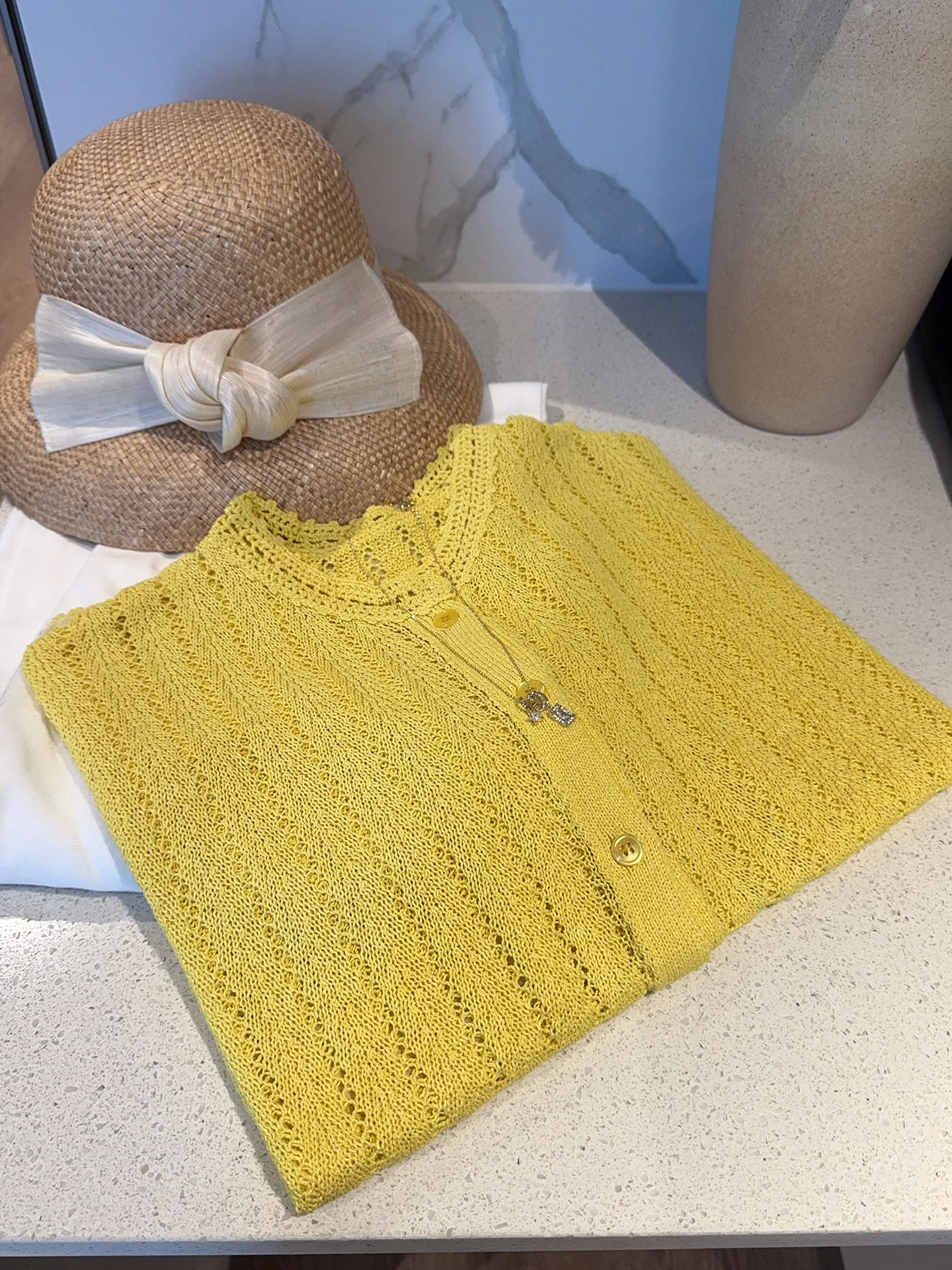 

Lemon Yellow Knitted Hollow out Hook Flower Short Sleeve Open Cardigan Casual Loose Fit Cotton Blend Summer Top for Women