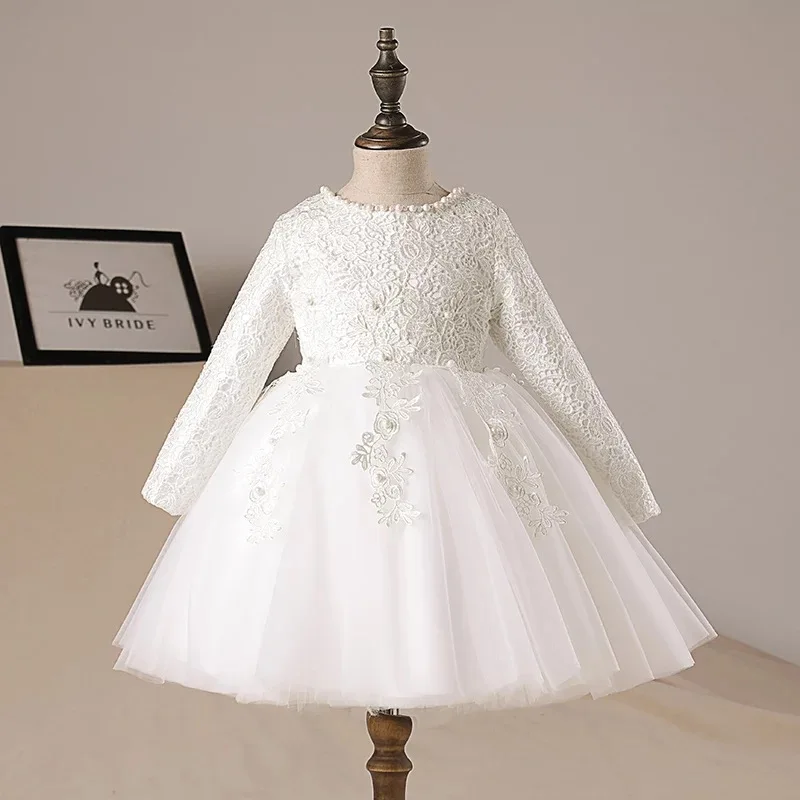

White Lace 1 Year Birthday Toddler Girl Baptism Dress Christmas Costumes Newborn Baby Princess Long Sleeve Christening Gown