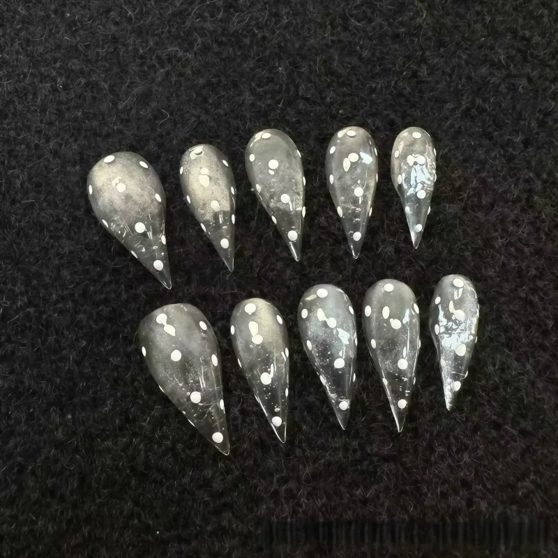 2026New 10PCS Minimalist smoked semi-transparent white polka dot dagger-shaped fake nails, waterdrop-shaped pointed fake nails