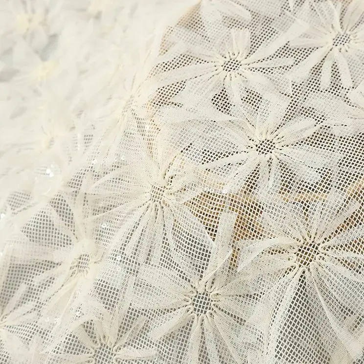 

2Meters Beige 3D Tassel Ribbon Floral 3mm Sequin Water-Soluble Mesh Embroidery Fabric for Dress and Shirt Designer Fabric