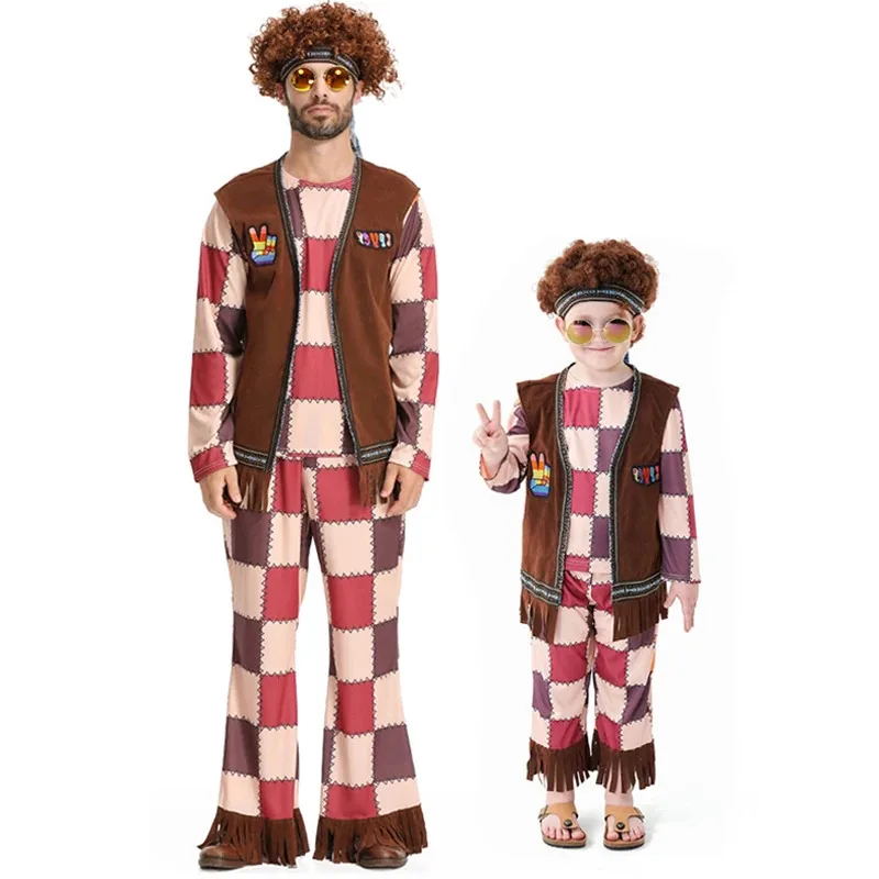 

Adult Men Halloween Hippie Costume Kids 60s 70s Vintage Disco Outfits Fringe Vest Boho Flared Pants Carnival Party Outfits