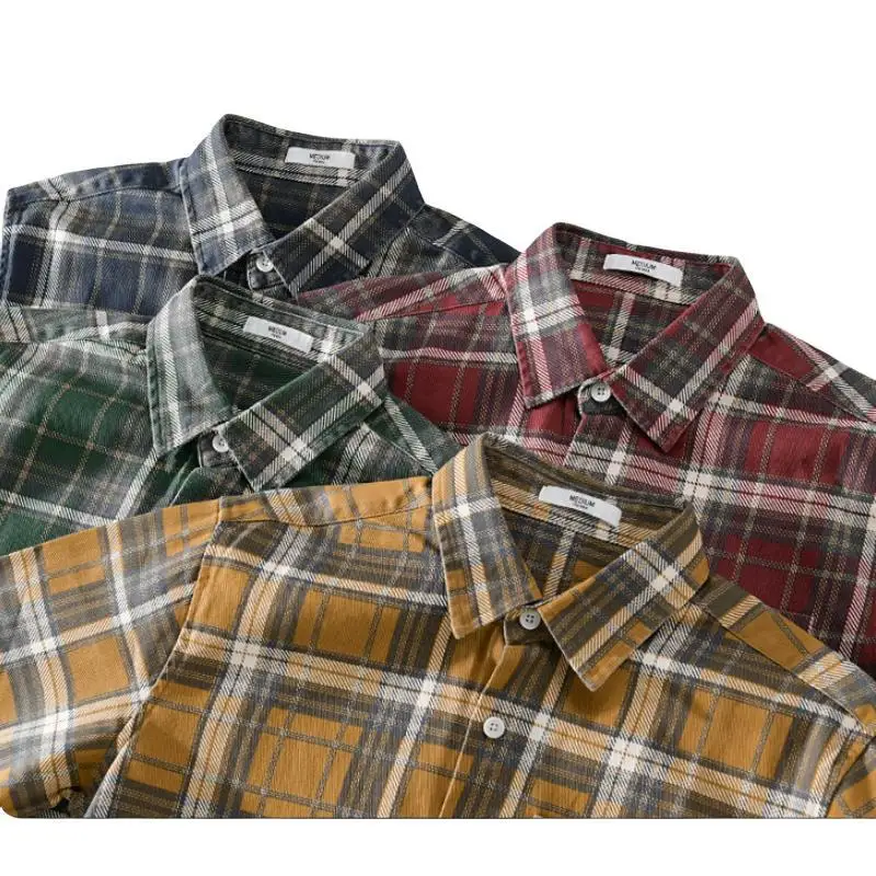 Retro Spring Summer New Men's Cotton 100% Plaid Shirts Long Sleeve Loose Contrasting Colors Pocket Casual Lapel Tops Clothing