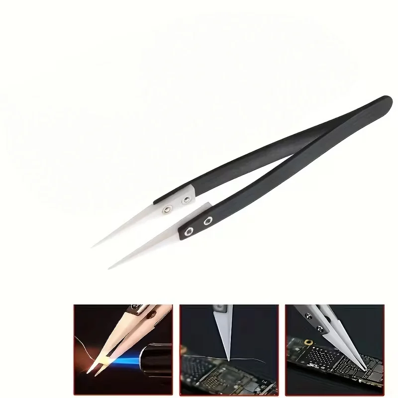 Ceramic Tweezers: Black Handle, High Temperature, Anti-Static, Insulated Gripping Tool