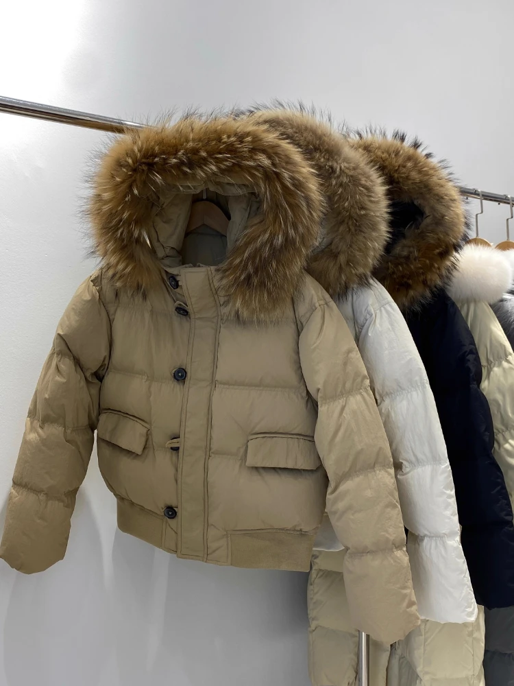 Super Große Echt Waschbären Pelz Kragen Unten Jacke Winter 90% Weiße Ente Puffer Mantel Frauen Lose Verdickt Warme Beiläufige Kurze Parkas