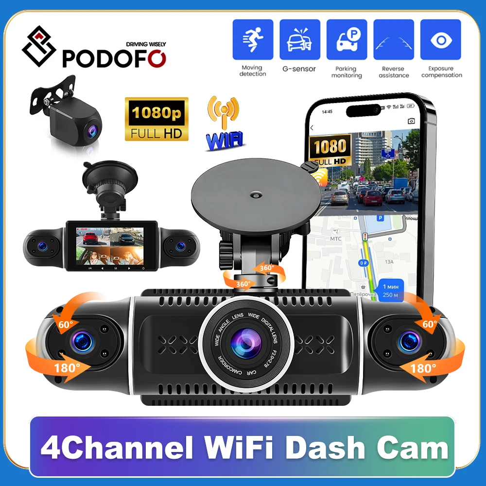 

Podofo HD 4*1080P 4 Cameras Dash Cam 4 Channel Car DVR Video Recorder WIFI APP Control Front Left Right Rear 24H Loop Recording