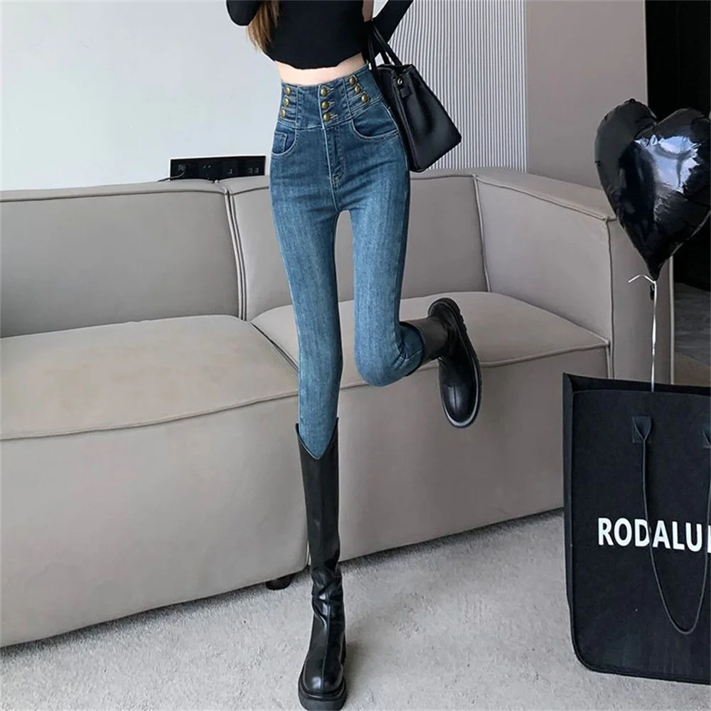 Celana Jeans Wanita Pensil Skinny Celana Panjang Ketat Celana Denim Melar Ramping Wanita Pinggang Tinggi Antik Kancing Celana Wanita 2023