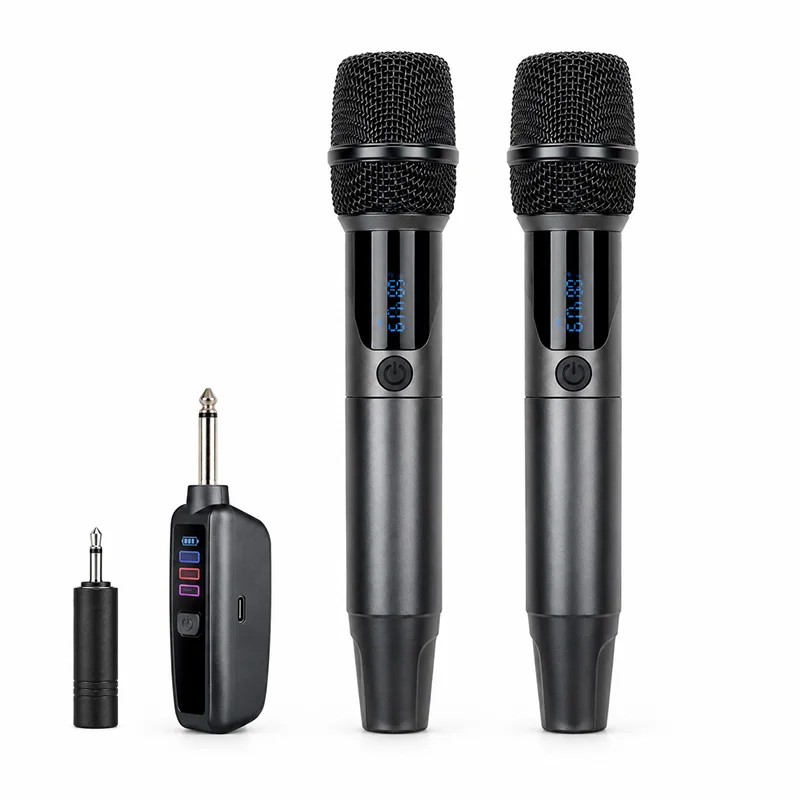 Microfono wireless a doppia antenna da 2,4 GHz, set di microfoni wireless ricaricabili, microfono senza fili con portata da 15 a 30 metri, ideale per canto, feste in casa, compleanni, chiese,