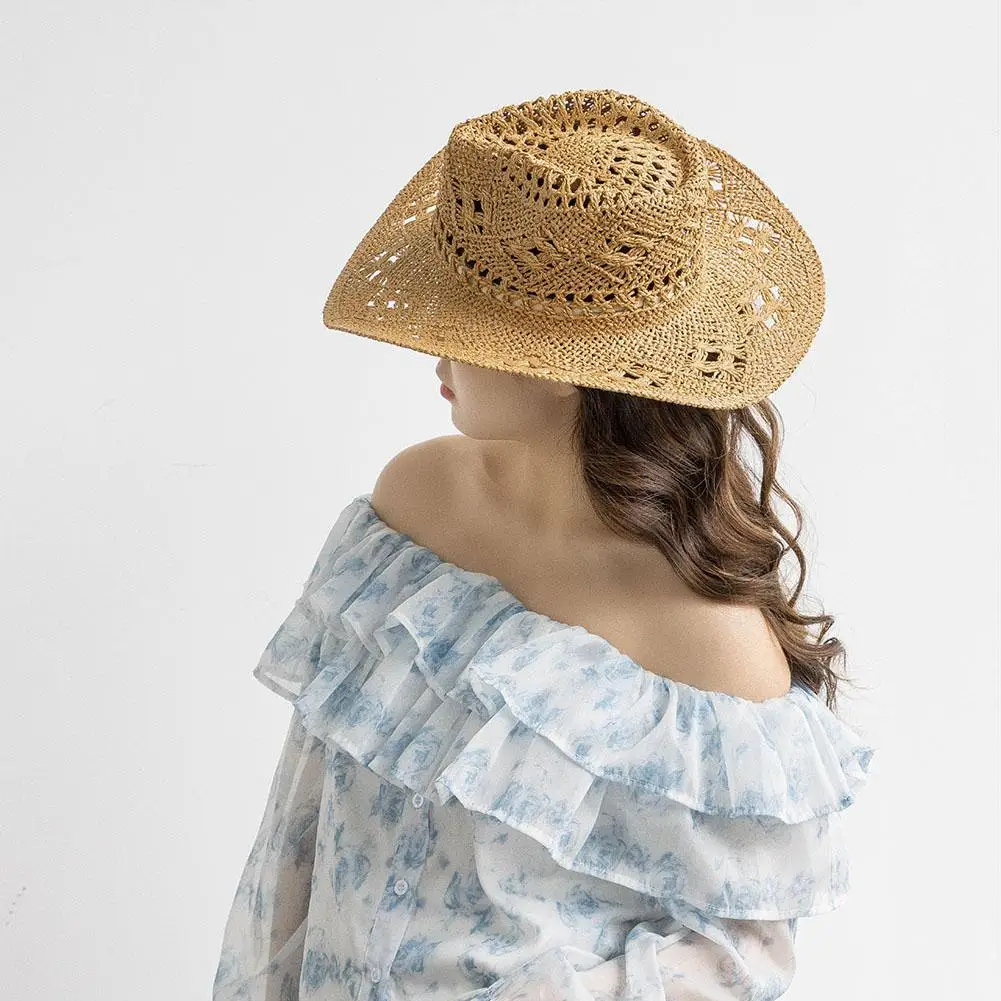 Summer Outdoor Men Women Hand-woven Western Cowboy Paper Straw Hats Wide Brim Breathable Beach Jazz Cap Sun Protection Hat