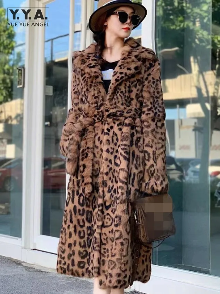 

Autumn Winter Women Leopard Print Rabbit Fur Long Coat Turn-Down Collar Long Sleeve New Fashion Office Ladies Casual Overcoat