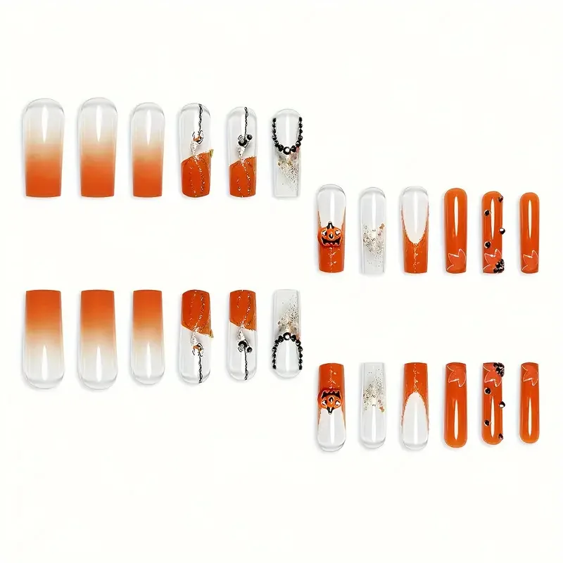 Unhas falsas do tema Halloween, patches de unhas falsas, estilo francês laranja brilhante, desenhos de aranha abóbora, balé longo, festa, 24 peças