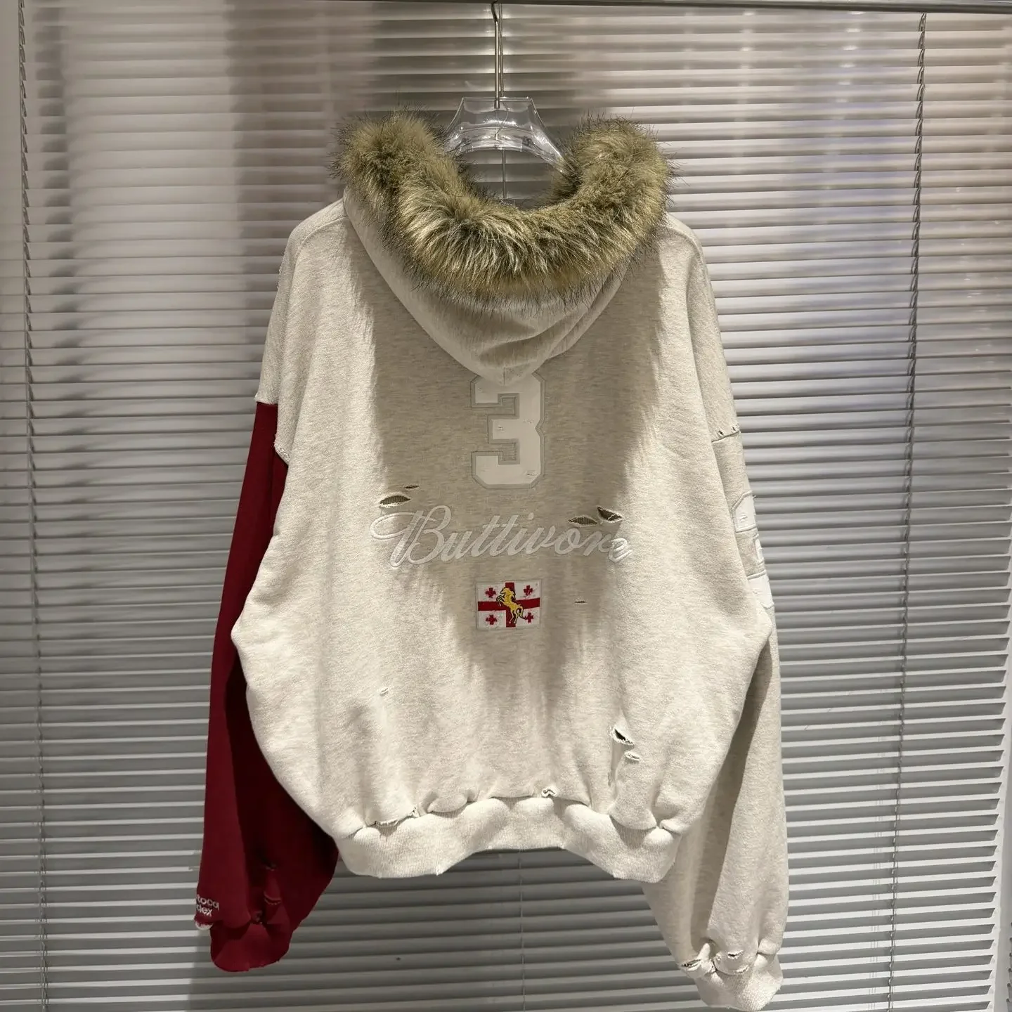 Protocol index color blocking old wash destroyed fur collar war horse hooded sweatshirt jacket