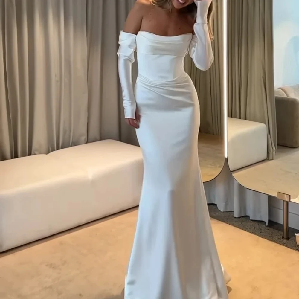 

Classy Long White Strapless Satin Evening Dresses Full Sleeves Mermaid Floor Length Vestidos De Novia